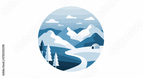 Winter Landscape with Mountains, Trees, and Igloo in a Blue and White Circular Graphic Design