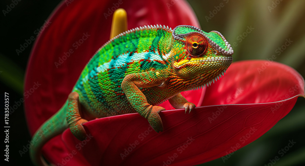 Obraz premium Chameleon on Red Tropical Flower Petal Artistic Realism JPG