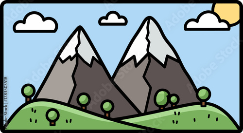 Scenic Mountain Landscape Illustration Snow-Capped Peaks, Green Hills, and Sunny Sky