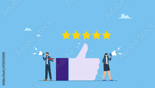 Business people announce on megaphone with thumbs up. Recommendation, like or business feedback, office reputation, customer feedback or announce best quality promotion, recommend career.