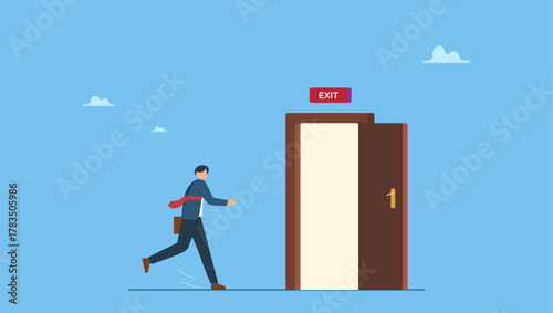 Businessman worker in suit running in hurry to emergency door with the sign exit. Quit routine job, leaving or escape way for business dead end to be success or exit from work difficulties.
