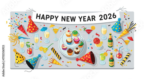 Festive new year 2026 celebration with champagne cocktails cupcakes party hats and confetti