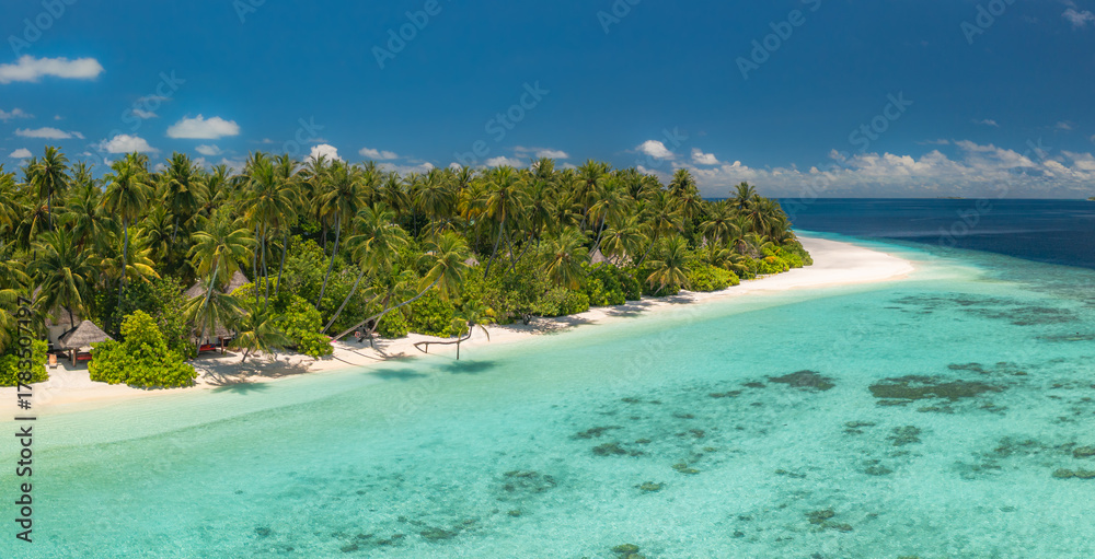 Fototapeta premium Stunning aerial view pristine tropical Maldives island dense green jungle lush palm trees white sandy shore shallow turquoise coral reef water Ideal luxury travel destination background summer holiday