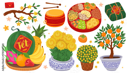 Collection of Vietnamese traditional holiday elements for Lunar New Year (Tet). Fruit tray for altar, candy box, drum, yellow flowers, tangerine tree, sticky rice cake.