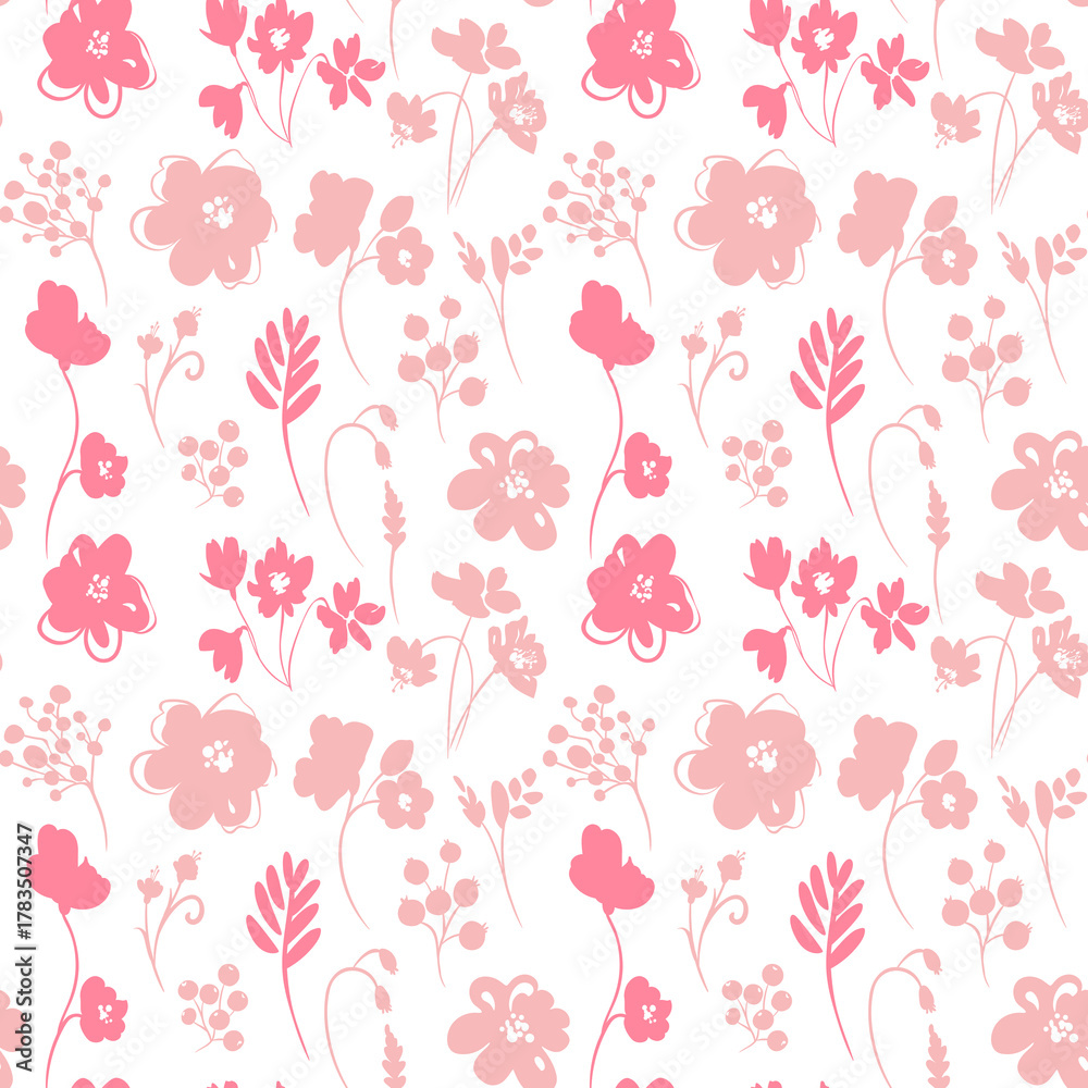 Fototapeta premium Pink and coral floral pattern on white background with scattered flowers pink flowers