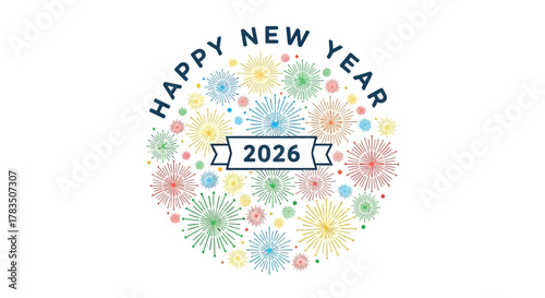 Happy new year 2026 with colorful fireworks exploding in a circular pattern on a white background