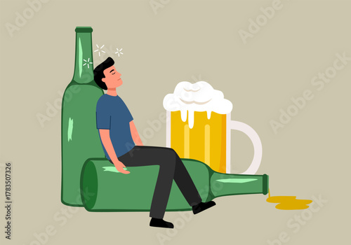 Drunk man sitting with alcohol beer bottles in flat design.