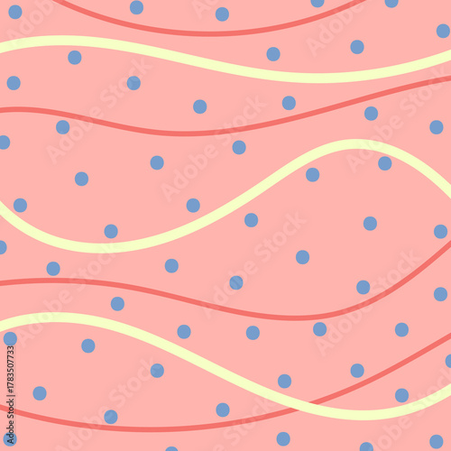 Pink background with blue dots and wavy lines pattern yellow