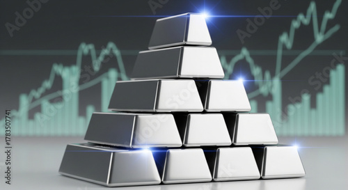 Stacked gleaming silver bars represent financial growth and investment success against a backdrop of dynamic stock market charts.