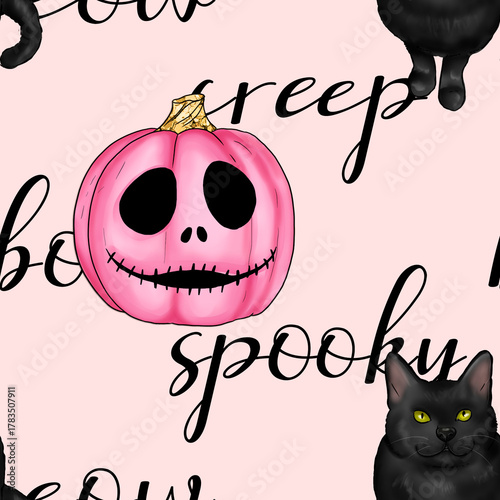 Pink Halloween pumpkin with black cat and spooky text pattern pink pumpkin jack o lantern