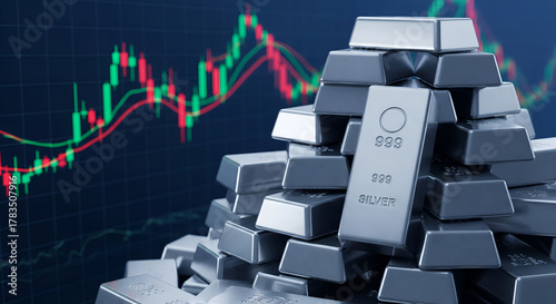 Stacked silver bullion bars glinting powerfully against a dynamic stock market trading chart showing upward financial growth