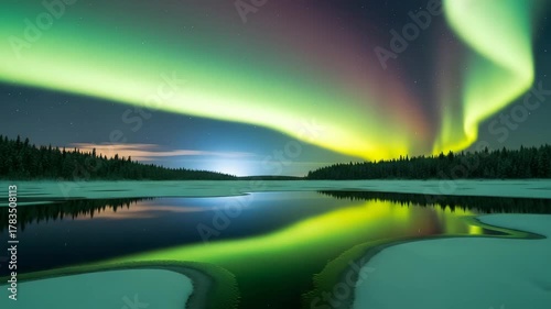 Aurora borealis over a frozen lake in winter night