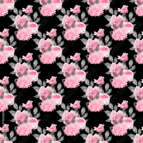 Pink roses and chrysanthemums floral pattern on black background flowers botanical