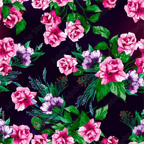Pink roses and purple flowers seamless pattern on dark background floral pattern