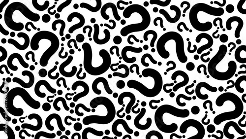 Black question marks overlapping pattern, transparent abstract background, fun colorful cover design, web banner