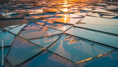 Shattered glass pieces reflecting light, creating an abstract pattern.