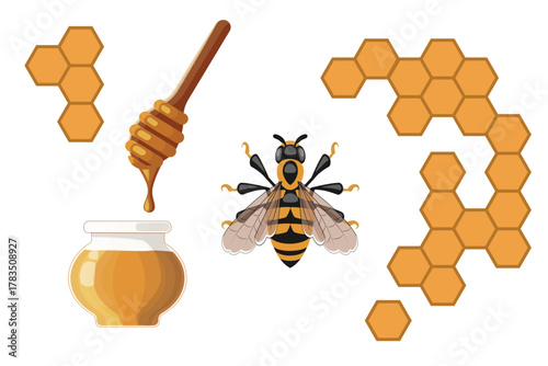 Bright vector illustration of a golden honey jar with a wooden dripping stick, geometric honeycomb, and a cute bee. Ideal for nature themes, healthy food, or farm aesthetics. Minimalist style.