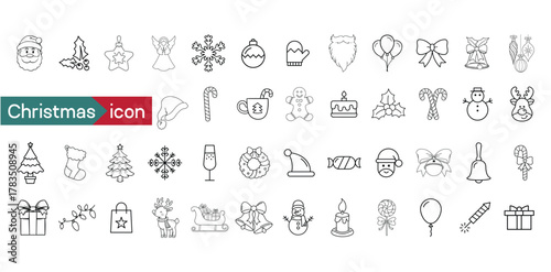 Christmas line icon collection Set, Holiday Celebration Vector Collection with Santa and Tree 
Outline Xmas icons set. bow, Santa Claus, bell, gift, angel, box, snow, snowman