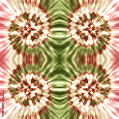 Red and green tie dye radial pattern with white accents abstract background