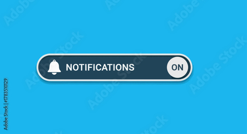 A graphic representation of a notification toggle switch with a bell icon and 'ON' status on a blue background.