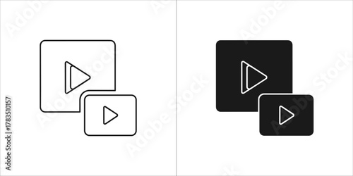 Two play buttons, one large and one small, in black and white outline and solid fill