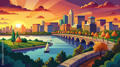 Very beautiful sunset over the Charles River Esplanade, spanning Boston and Cambridge, Massachusetts, USA, featuring warm golden light reflecting on calm river waters, tree-lined paths, and a realisti