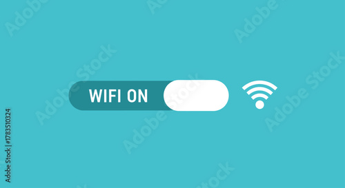 Wi-Fi on toggle switch with icon, flat vector illustration on a turquoise background.