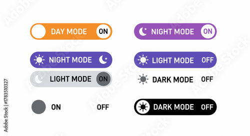 Image showcasing various toggle switch designs for different modes, including day, night, light, and dark.