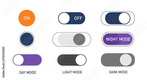 Collection of modern user interface toggle switches for on, off, day, night, light, and dark modes.