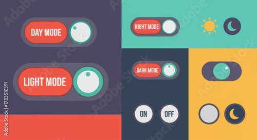 A collection of flat design toggle switches and buttons for day, night, light, and dark modes, with sun and moon icons.