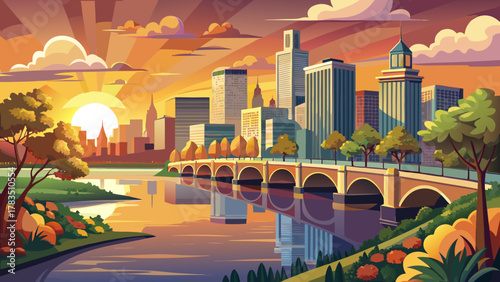 Very beautiful sunset over the Charles River Esplanade, spanning Boston and Cambridge, Massachusetts, USA, featuring warm golden light reflecting on calm river waters, tree-lined paths, and a 
