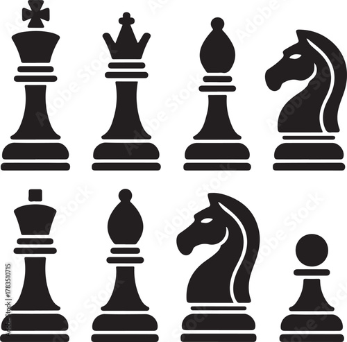 Chess piece icons set. Board game. Black silhouettes illustration. Outline set of chess vector icon for web design isolated on white background. King, queen, bishop, pawn, horse, knight, rook.