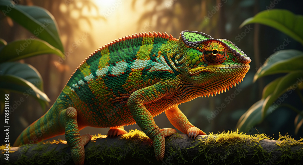 Obraz premium Chameleon Under Sunset Light Cinematic Golden Hour JPG