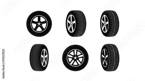 Six Black Silhouette Car Tire Designs From Different Angles On White wheel