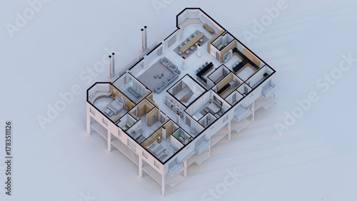 Modern Luxury Home Floor Plan with Open Living and Kitchen Space 3D Architectural Rendering
