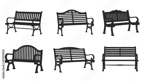 Six Black Silhouette Park Bench Designs With Legs On White background