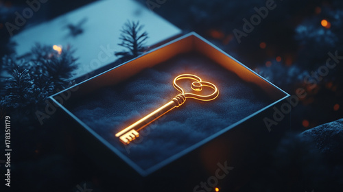 Elegant Golden Key on Black Gift Box. Luxurious golden key symbol, ideal for gift, travel, or security themes in marketing and branding.