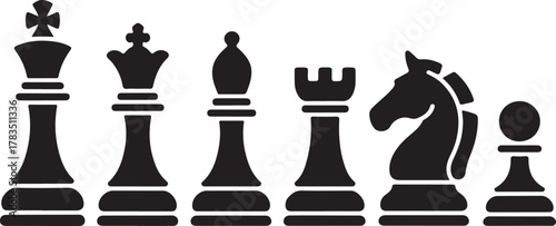 Chess piece icons set. Board game. Black silhouettes illustration. Outline set of chess vector icon for web design isolated on white background. King, queen, bishop, pawn, horse, knight, rook.