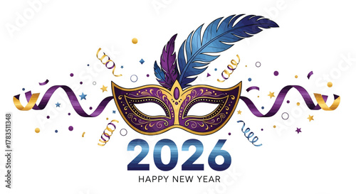 Elegant purple and gold masquerade mask with feathers and confetti celebrating happy new year 2026