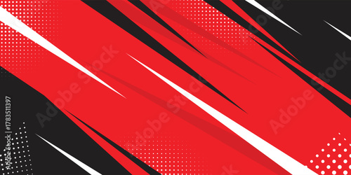Dynamic red and black abstract background with sharp diagonal lines and halftone dots pattern. Modern sporty design suitable for banners, posters, racing themes, and energetic digital presentations.