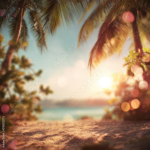 Tranquil Tropical Sunset View with Silhouetted Palm Trees and Dreamy Bokeh Effects Creating a Relaxing Atmosphere for Nature Lovers and Vacation Planners