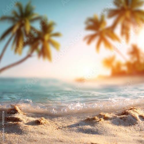 Tranquil Beach Scene at Sunset with Gentle Waves and Lush Palm Trees, Evoking Serenity and Relaxation in a Tropical Paradise Setting