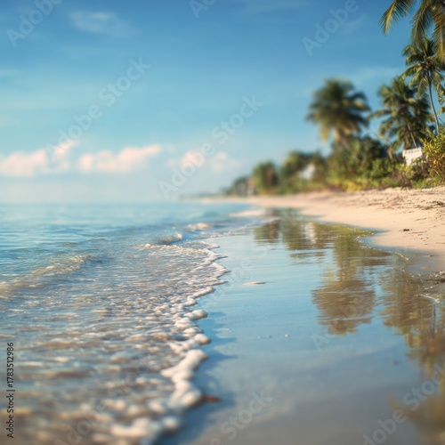 Tranquil shoreline with gentle waves lapping against the sandy beach under clear blue skies, capturing a serene tropical paradise perfect for relaxation and escape.