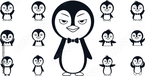 Фотография Minimalist 2D penguin stickman icons with ten confident playful poses in clean b