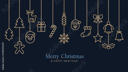Luxury Minimal Christmas Background Featuring Thin Golden Line Art Icons on Deep Elegant Navy Blue