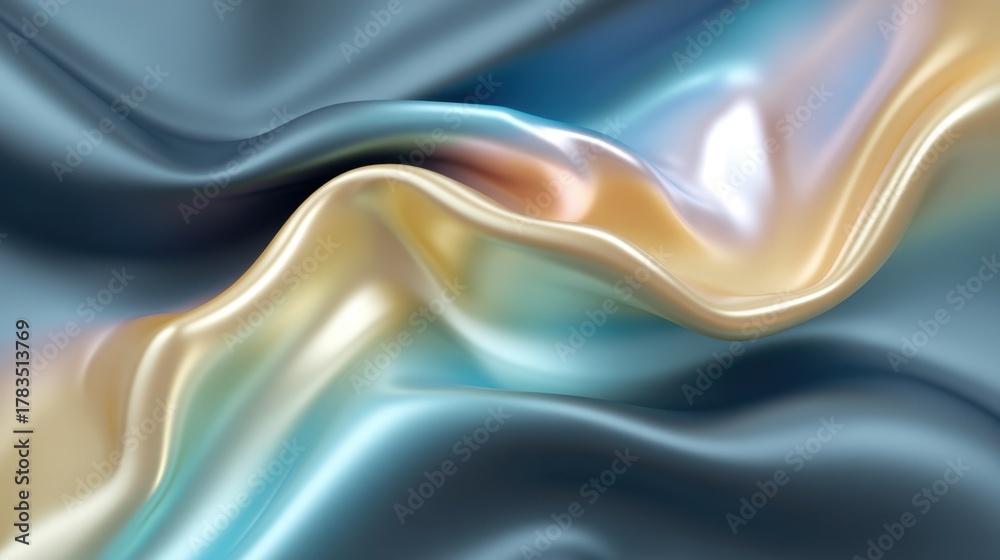 Obraz premium Soft and Flowing Satin Fabric with Iridescent Hues in Blue, Gold, and Cream for Elegant Backgrounds and Fashion Textures
