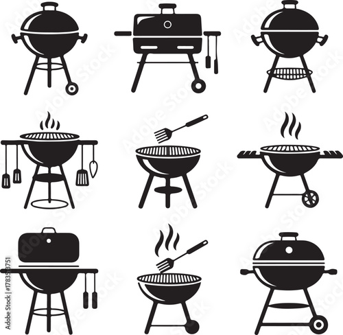 Black BBQ grill icon set flat vector on white:4 grills row with simple smoke lines.Uniform stroke width equal spacing consistent size