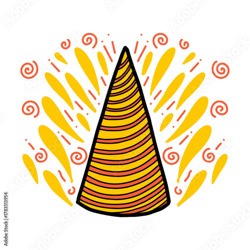 Striped party cone hat with celebration burst. Celebration cone hat fun with splash effect vector illustration
