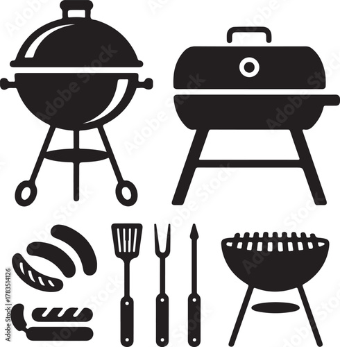 Black BBQ grill icon set flat vector on white:4 grills row with simple smoke lines.Uniform stroke width equal spacing consistent size