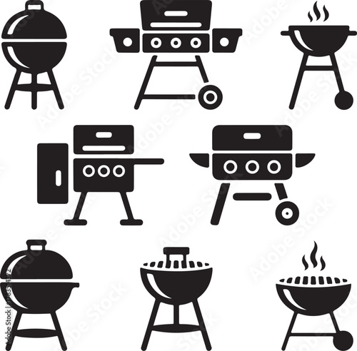 Black BBQ grill icon set flat vector on white:4 grills row with simple smoke lines.Uniform stroke width equal spacing consistent size